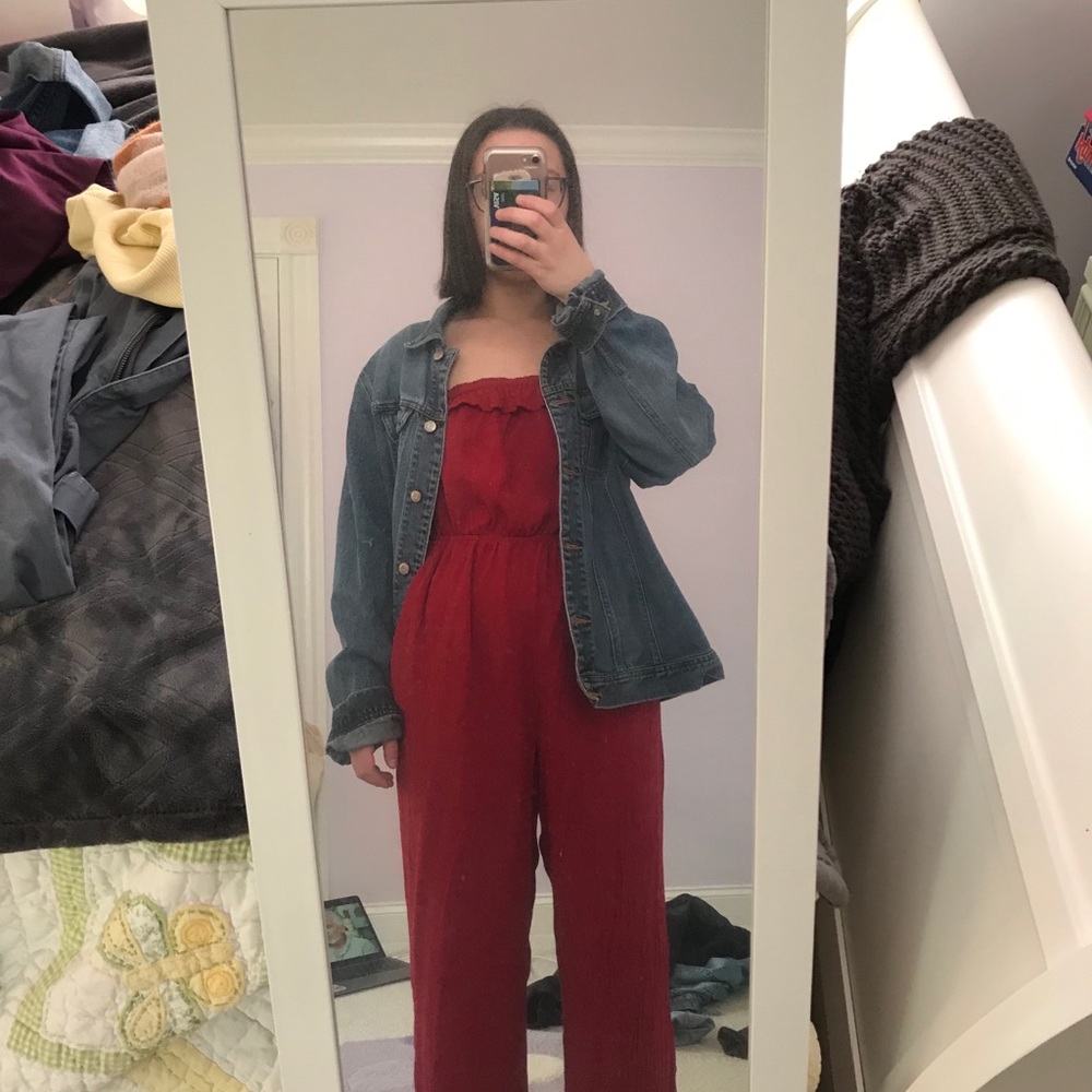 Red strapless jumpsuit